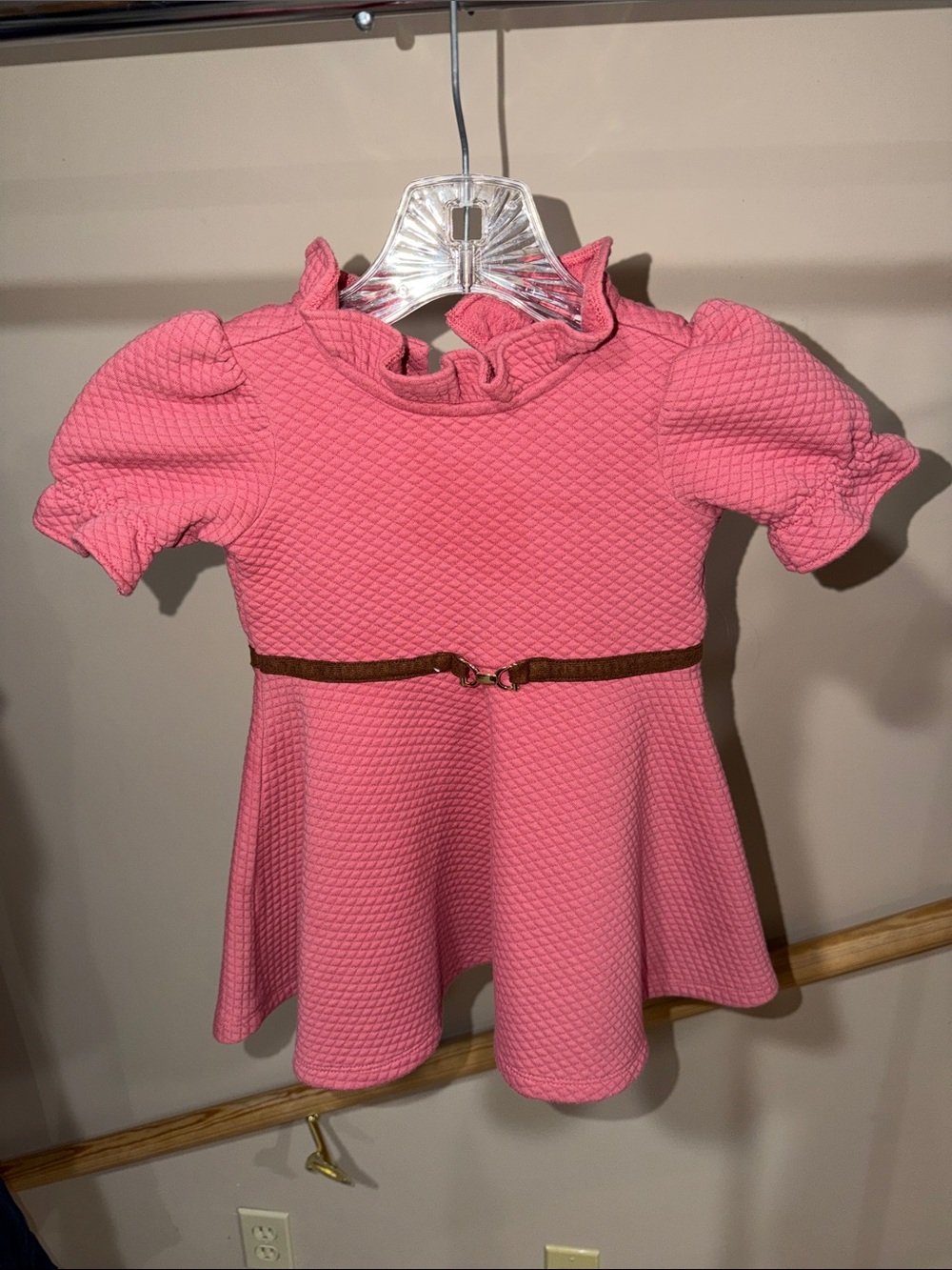 Janie and Jack Pink Ruffle Neck Textured Dress with Brown Belt